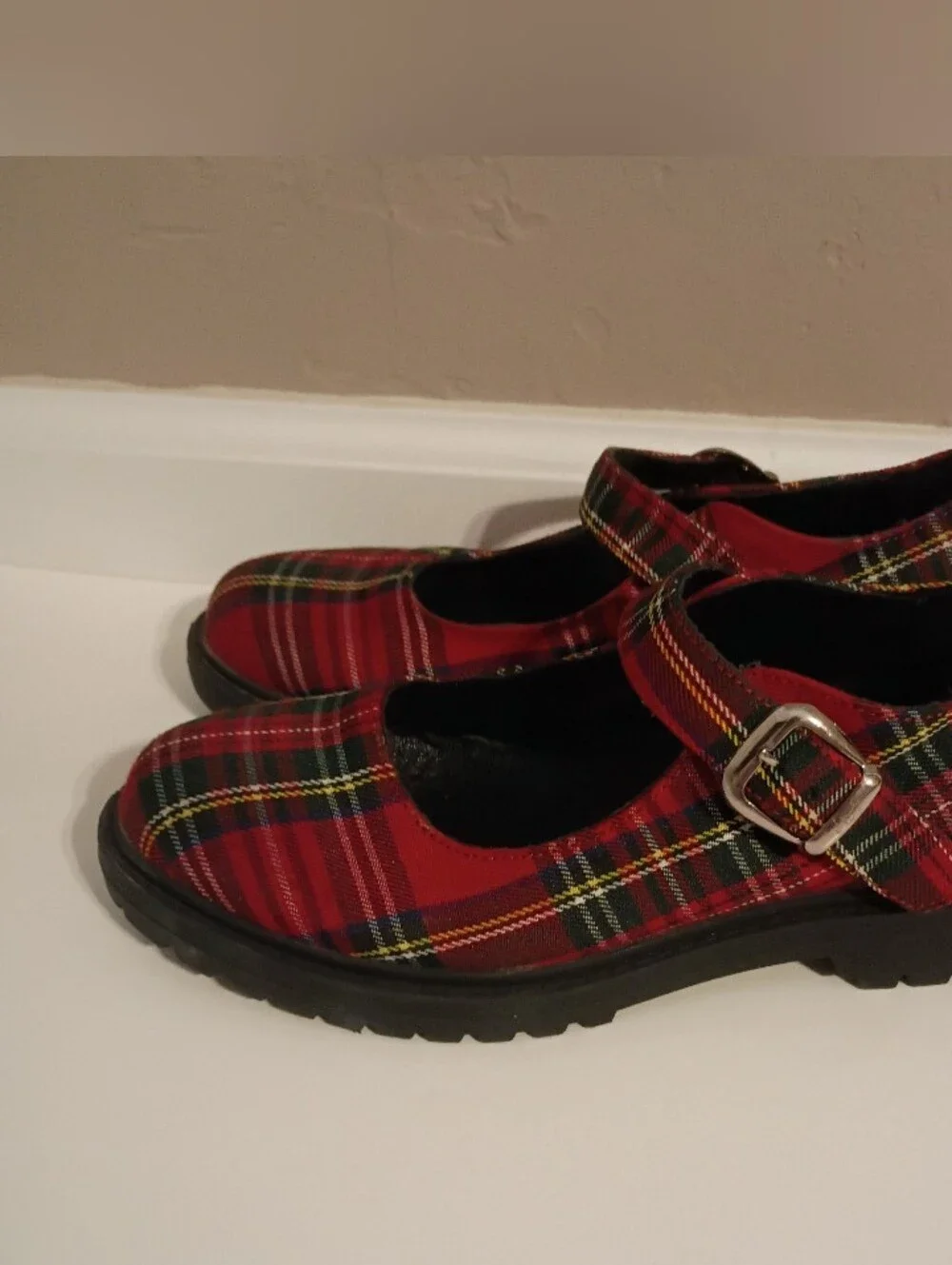 Grunge Y2K Red Plaid Tartan Chunky Mary Jane Platform Shoes Size 7 Buckle Strap